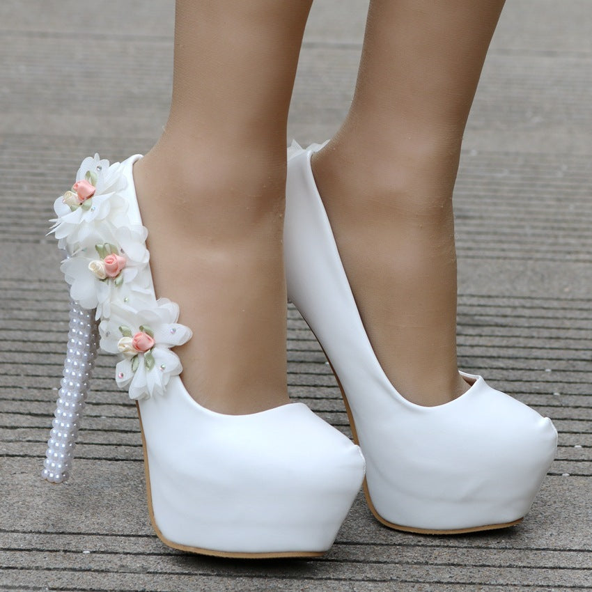 Large Size Waterproof Platform High Heel Round Toe Pearl Shoes