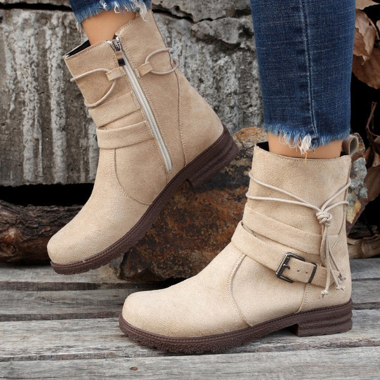 Round Toe Buckle Shoes Casual Retro Boots With Side Zipper Low Heel Outdoor Non Slip Ankle Boots For Women