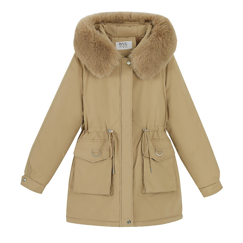 Waist Slimming Elegant Parka Cotton-padded Coat Fur Collar Western Style Velvet Lining Warm Coat