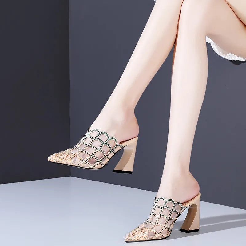 Women's Mesh Hollow Pointed Thick Heel Shoes