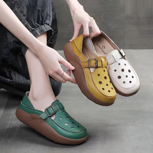 Retro Color Matching Hollow Out Sandals Women's Shoes Two-way Hole Shoes Casual Pumps Platform