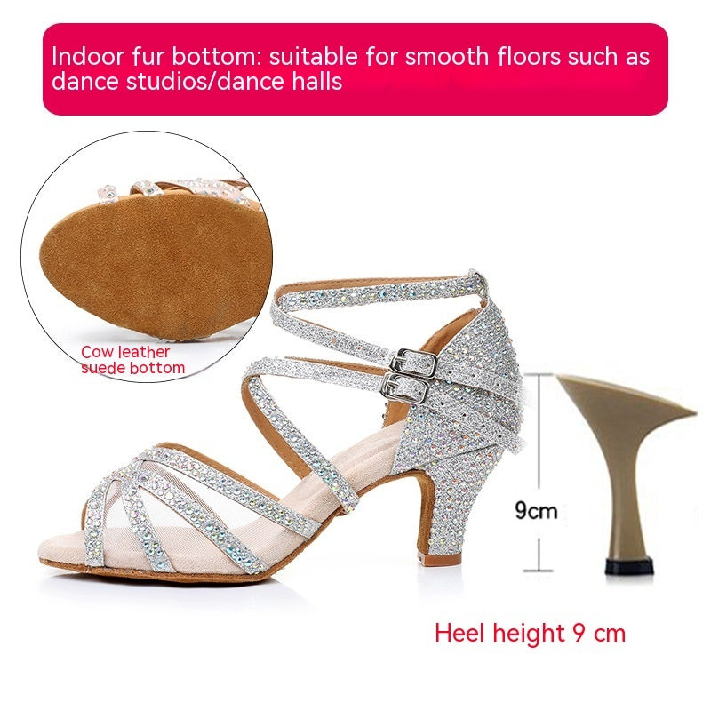 Diamond Latin Dance Shoes Women's Sandals Professional Soft Bottom Dance Shoes Mid-high Heelindoor