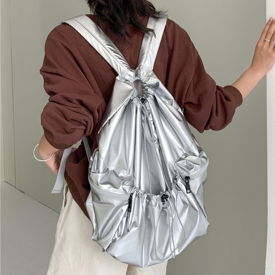 Women's Silver Lightweight Drawstring Ruffle Travel Backpack