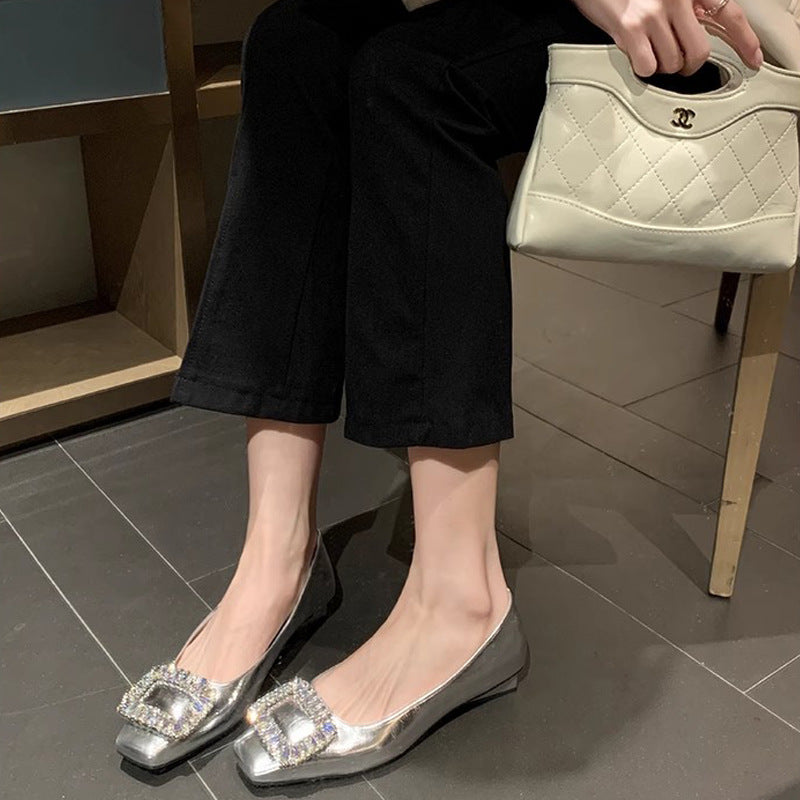 Rhinestone Square Toe Low-cut Silver Flat Bottom Pumps