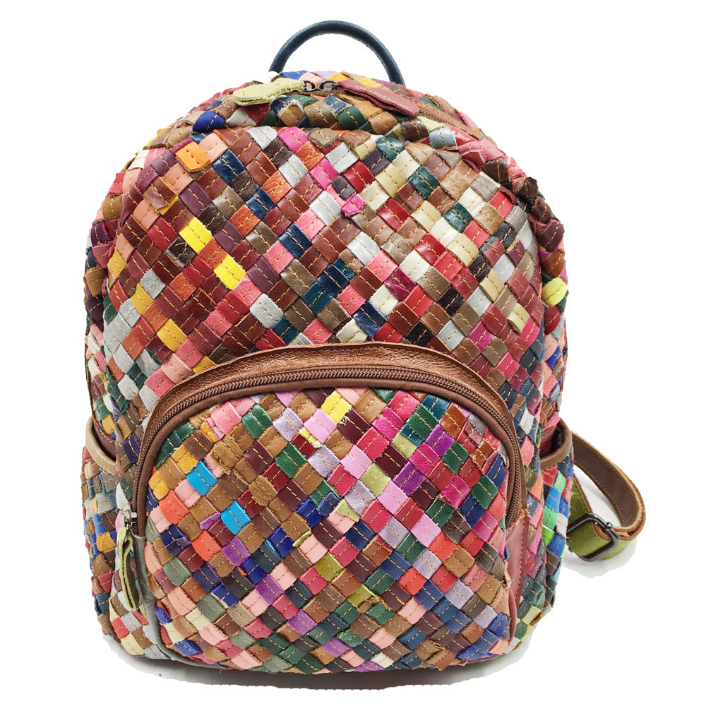 Women's Stitching Color Cowhide Hand-woven Backpack