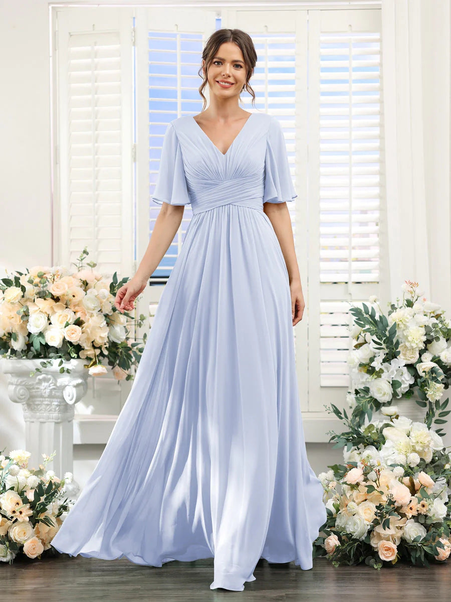 Chiffon Evening V-neck Butterfly Sleeve Host Long Dress