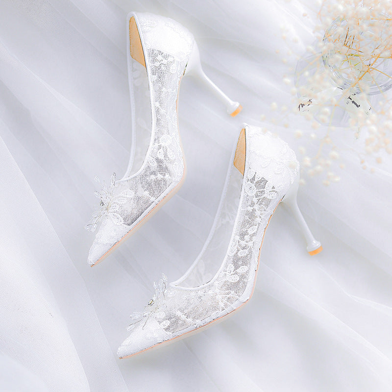 Women's White High Heels Wedding Dress Crystal