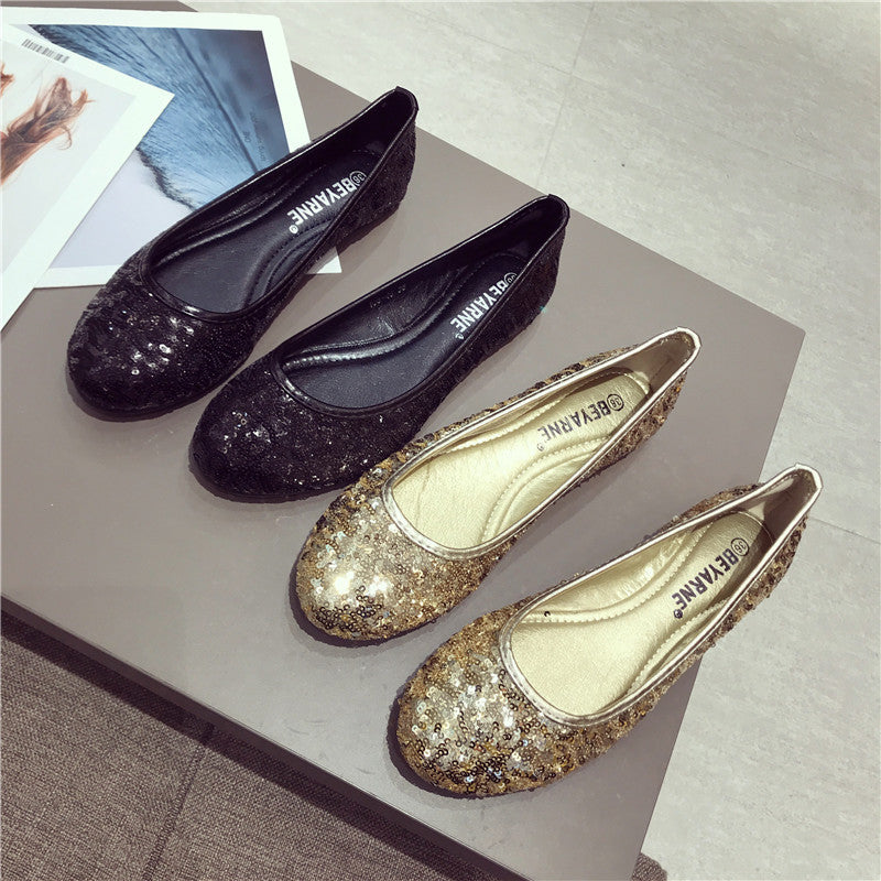 Zapatos de tacón plano de moda con suela plana y cómodos tacones brillantes con lentejuelas