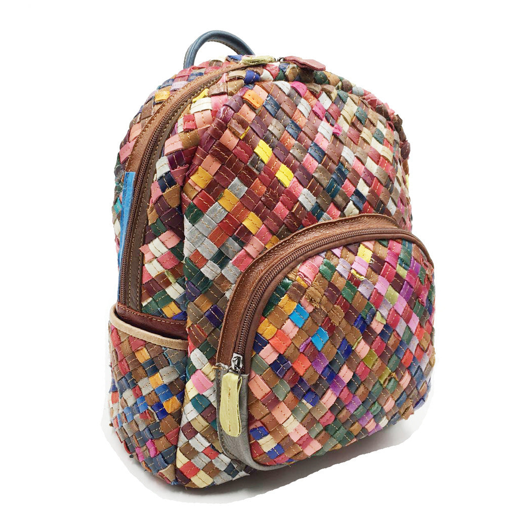 Women's Stitching Color Cowhide Hand-woven Backpack