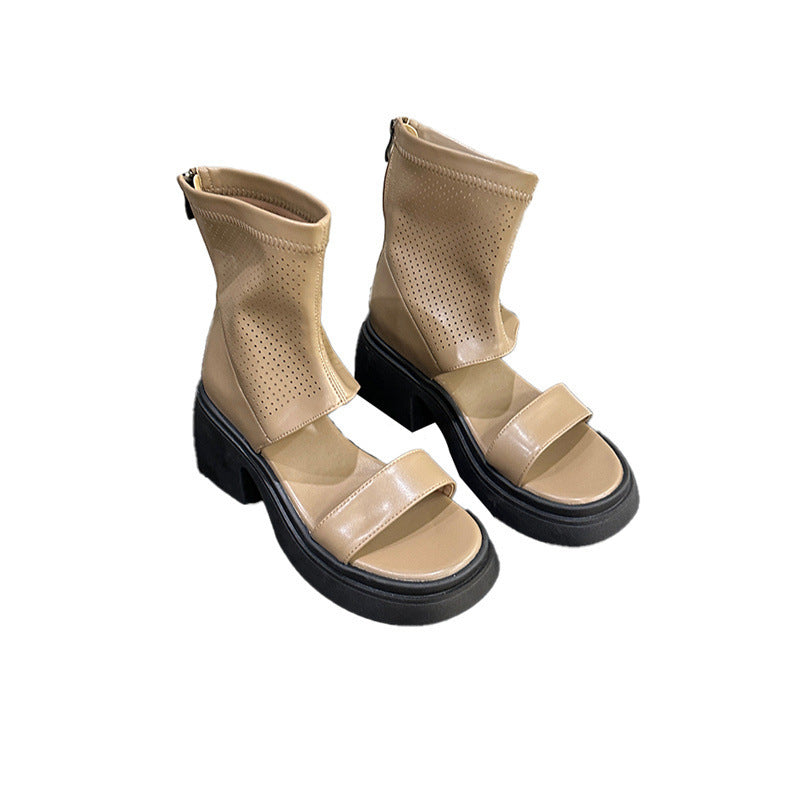 Sandalias con punta abatible para mujer, estilo británico, estilo retro, botas