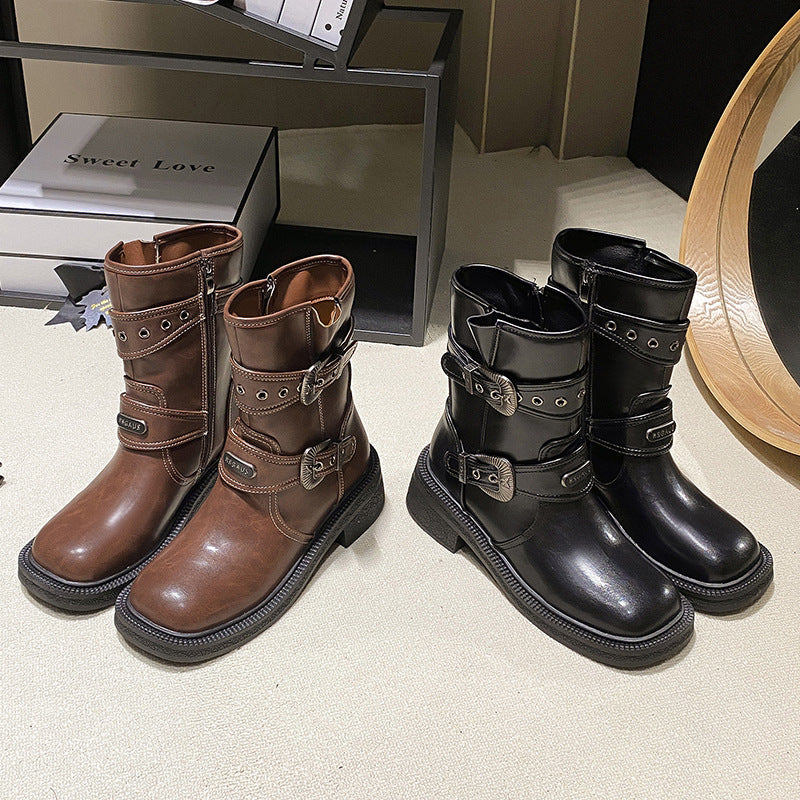 Bottines rétro à bout carré pour femme marron