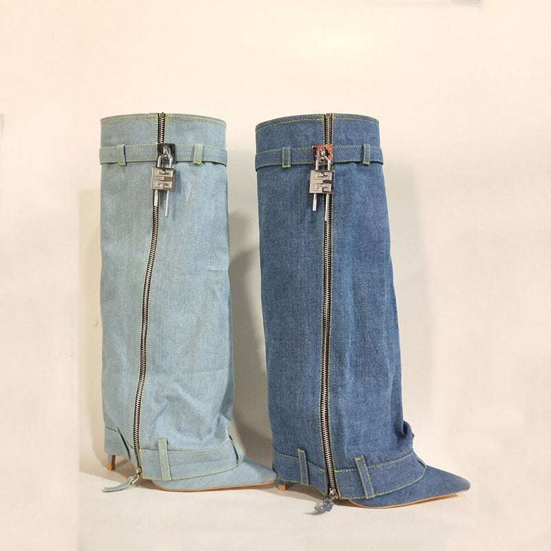 Pointed Female Fashion Metal Buckle Flanging Zipper Casual High Leg Boot