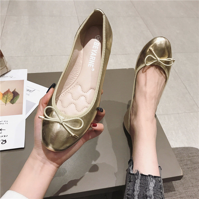 Round Toe Bowknot Low-cut Flat Bottom Pumps Women