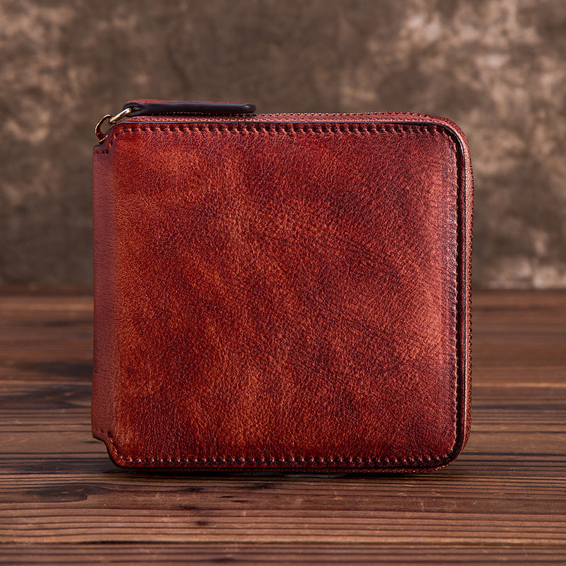 Solid Color Short Cowhide Hand-rub Color Wallet