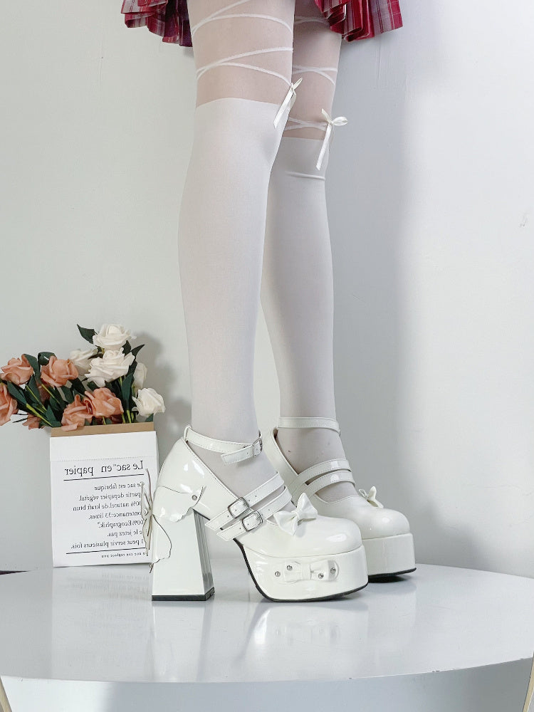 Rivet Bow Round Toe Bright Leather Platform Thick High Heels