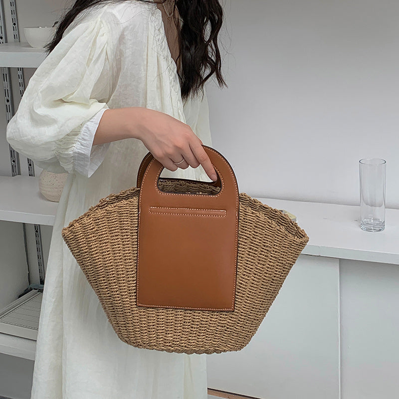 Splicing Retro Straw Bag With Large Capacity