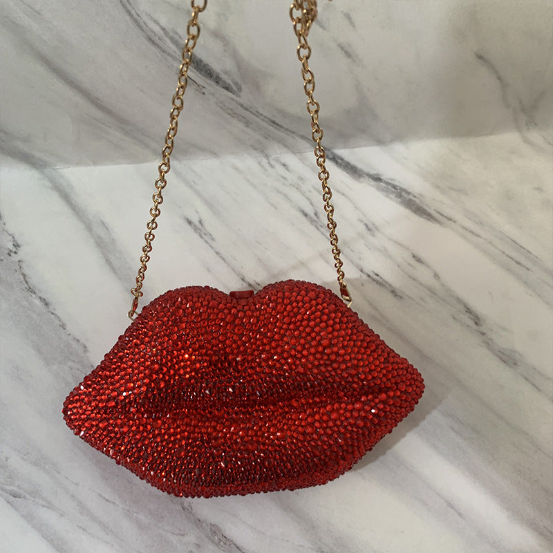 Bolso de mano para cena con cadena de labios de acrílico con diamantes incrustados y diamantes de imitación