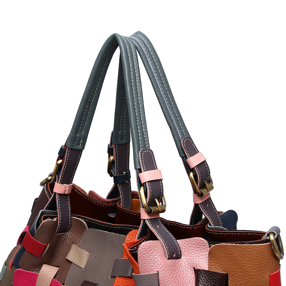 First Layer Cowhide Multi-color Blocks Handbag