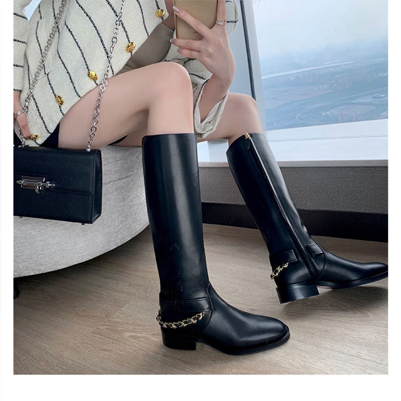 Thick Heel Wide Side Zipper Round Head Knight Boots