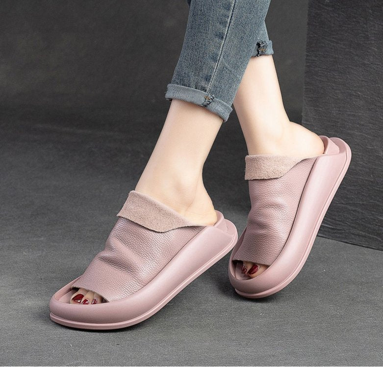 Peep Toe Flat Slippers Top Layer Cowhide