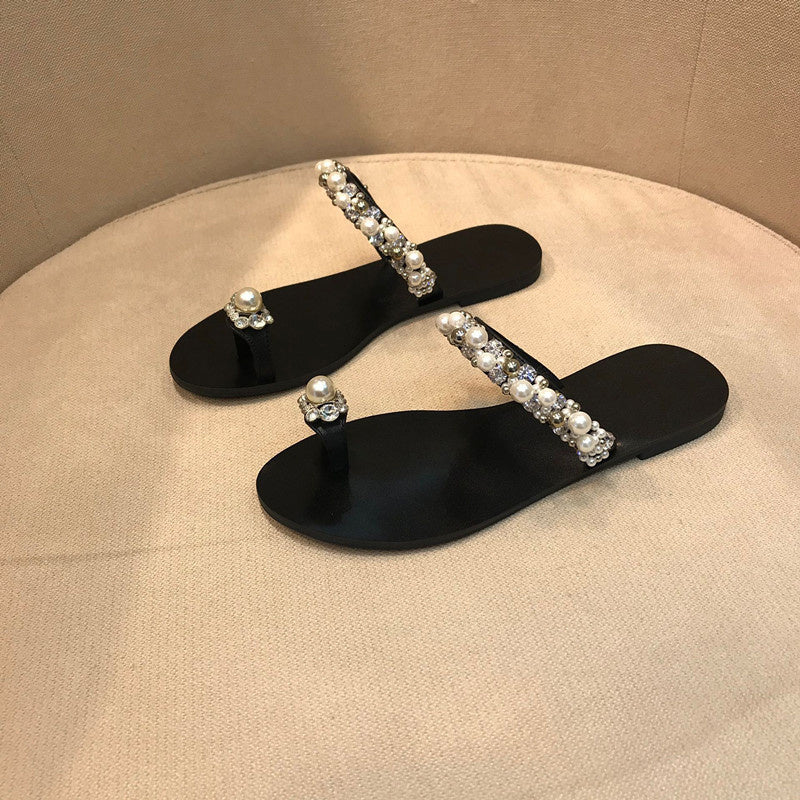 Flip-toe Flat Slippers Women's Rhinestone Pearl Strap Outdoor Sandals