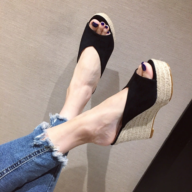 Women's Fashion Word Strap Peep Toe Suede Platform Platform Wedge Slippers