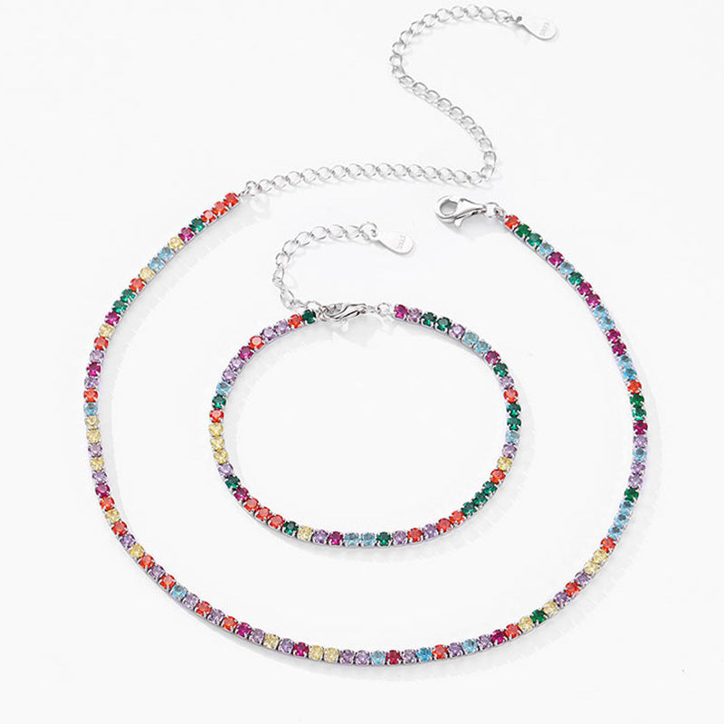 Women's Sterling Silver Rainbow Diamond Bracelet And Necklace Set