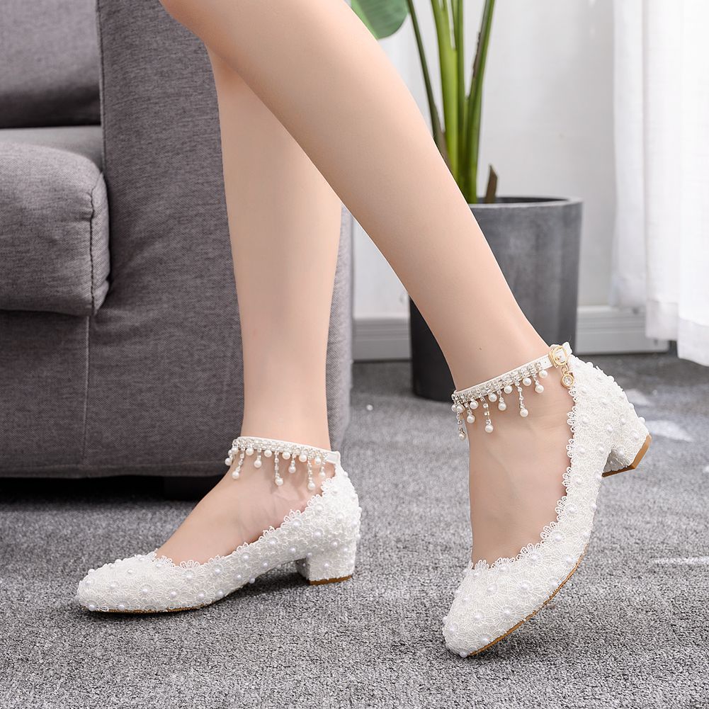 Square Heel Round Toe Pumps With White Lace Wedding Shoes Bridesmaid Shoes