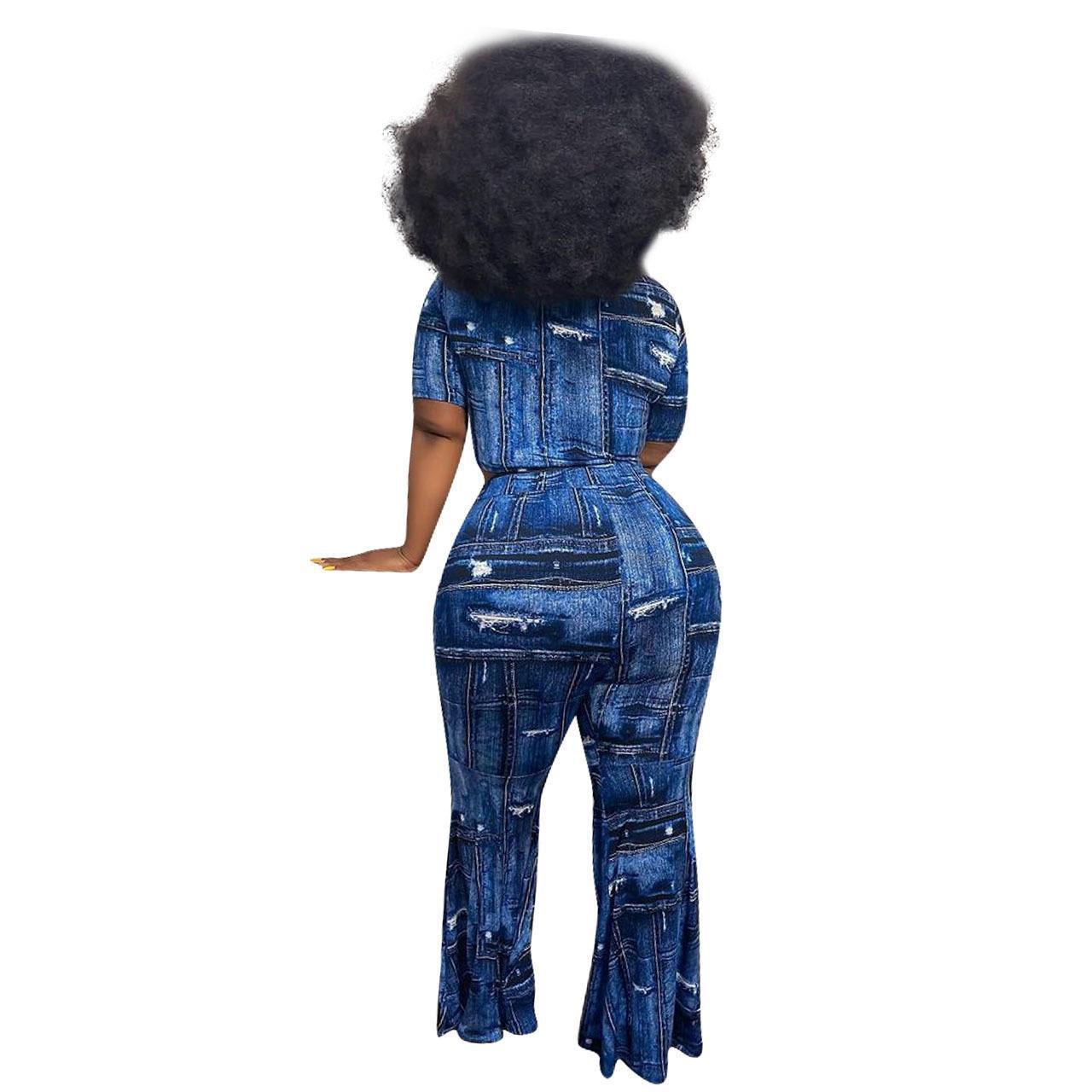 Women's Clothing Denim Printing Plus Size Two-piece Suit