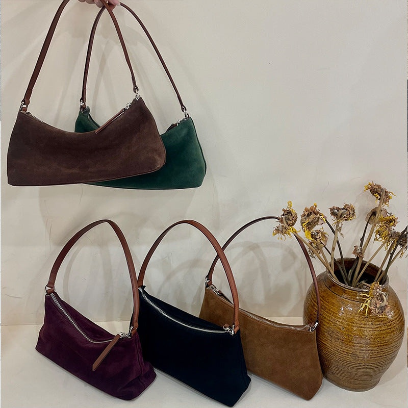 Niche Suede Underarm Baguette Retro Matte Top-grain Leather Shoulder Bag Handbag