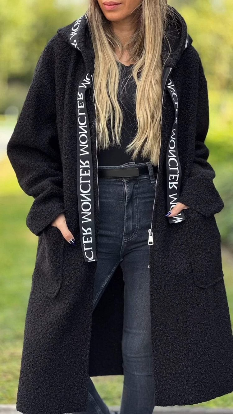 Ladies Hooded Letters Lamb Wool Coat