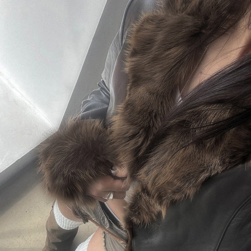 American Street Loose Fur Collar Leather Coat