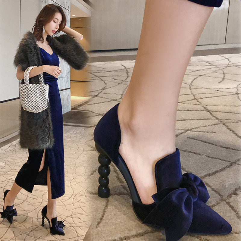 Women's Fashionable Simple Temperament Pointed-toe Bowknot Shaped High Heels