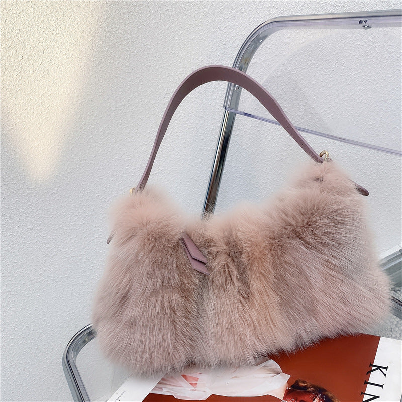 Fox Fur Stitching Women's Handbag Temperament Novel Zipper Design