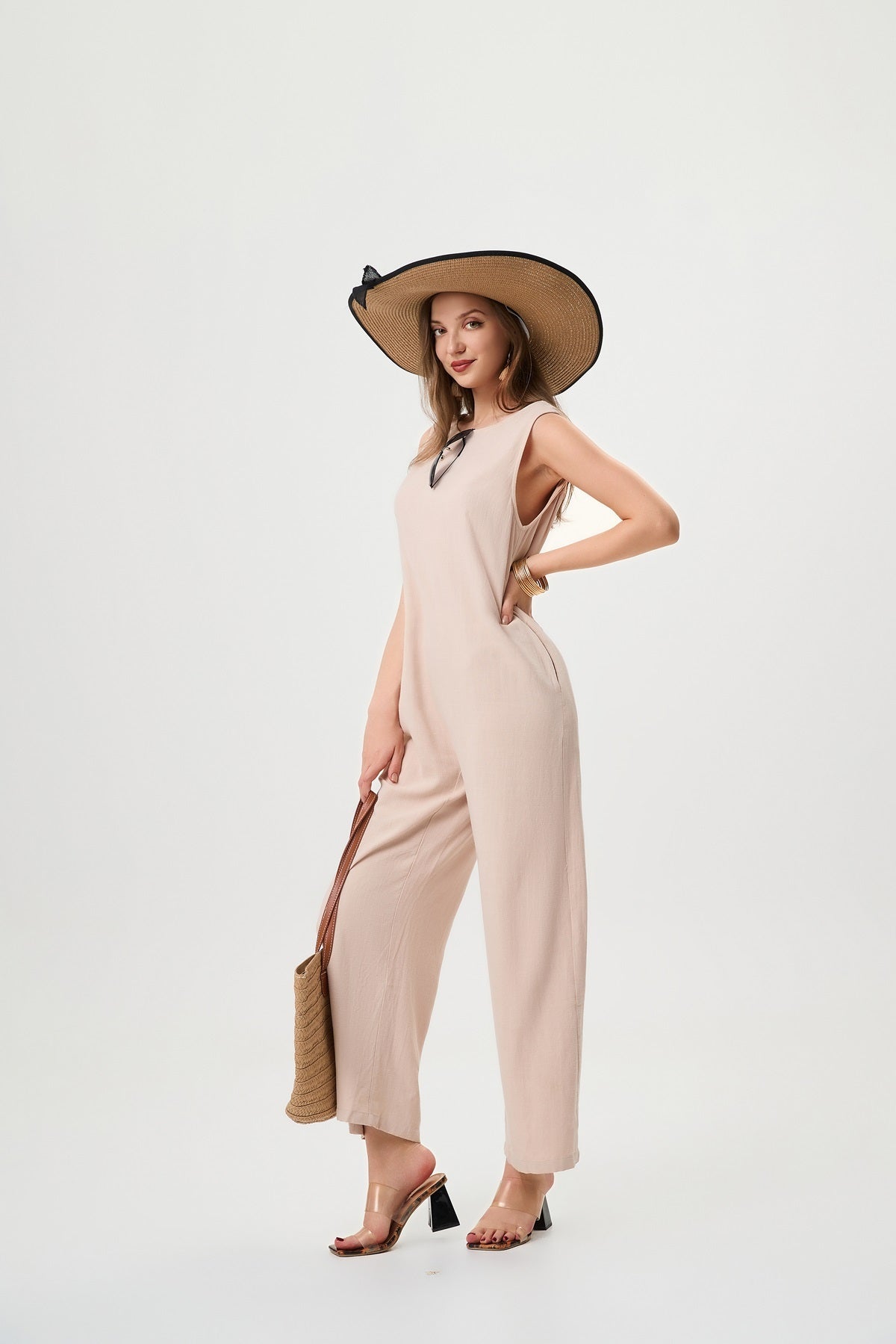 Women's Linen Jumpsuit - Comfortable And Breathable, Elastic Back With Classic H-Line Design And Pockets, Available In Black Apricot And Orange Red