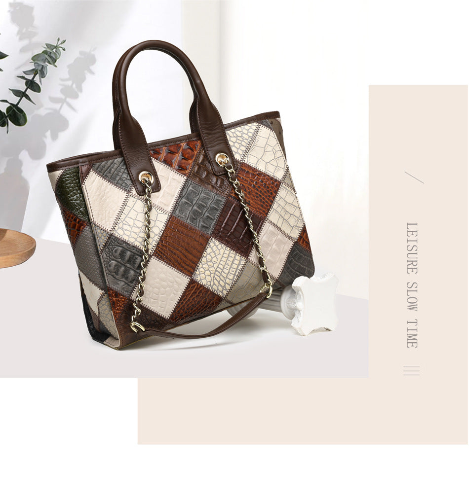 Genuine Leather Bag Light Luxury High-grade Contrast Color Trendy Plaid Women's Bag Factory