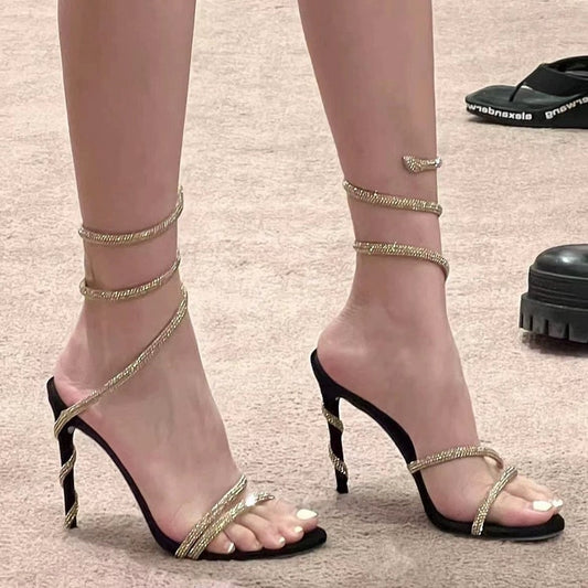 Sandales à talons aiguilles et brides en strass pour femmes, grande taille