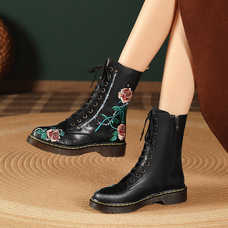 Women's Round Toe Mid Heel Martin Side Zipper Muffin Bottom Booties Embroidery Ethnic Style Women's Shoes