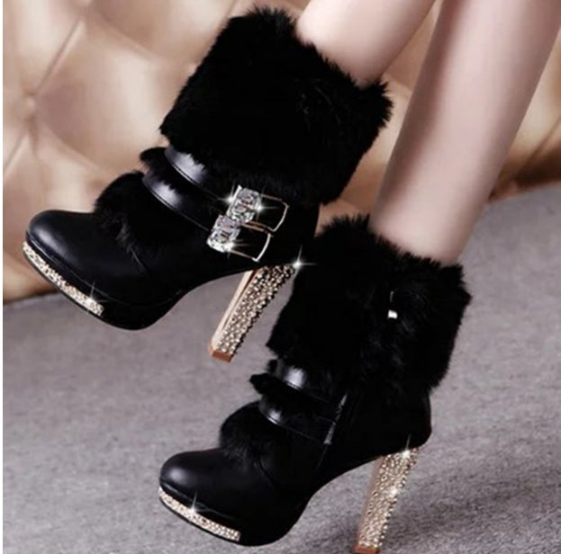 Chunky Heel High Heel Mid-calf Leather And Fur Integrated Rhinestone Women's Boots