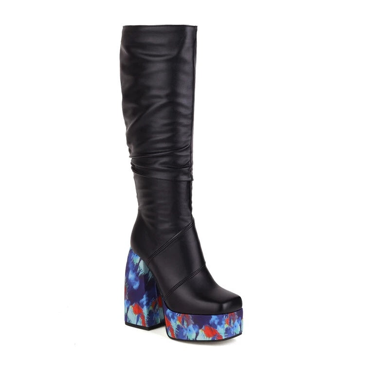 Square Headed Women's Martin Boots New Print Bottom Thick Heel High Sleeve