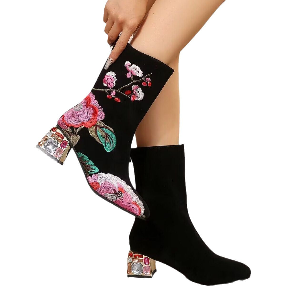 Flower Mid-calf Vintage Embroidery Autumn And Winter Women's Boots