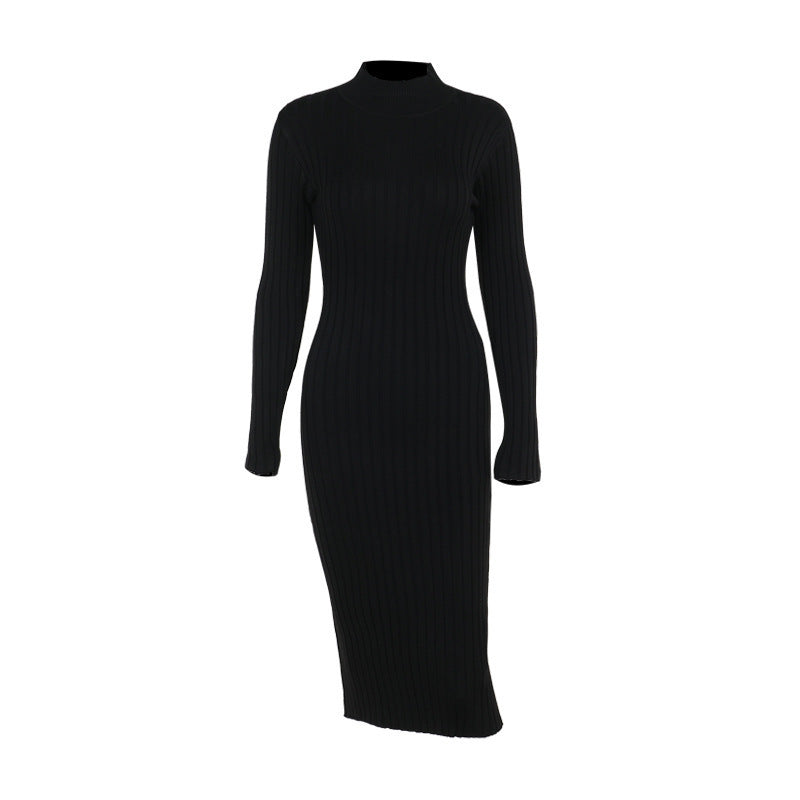 Temperament Leisure Slim-fit Turtleneck Woolen Big Pit Strip Dress