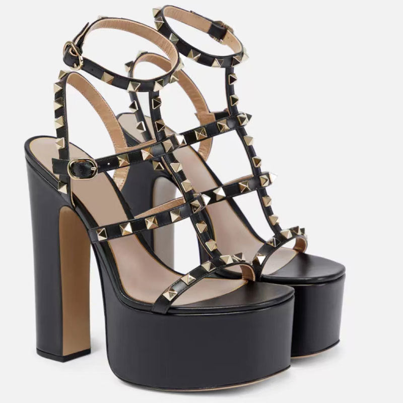 Rivets Round Toe Strap Waterproof Platform Thick Heel Super High Sandals