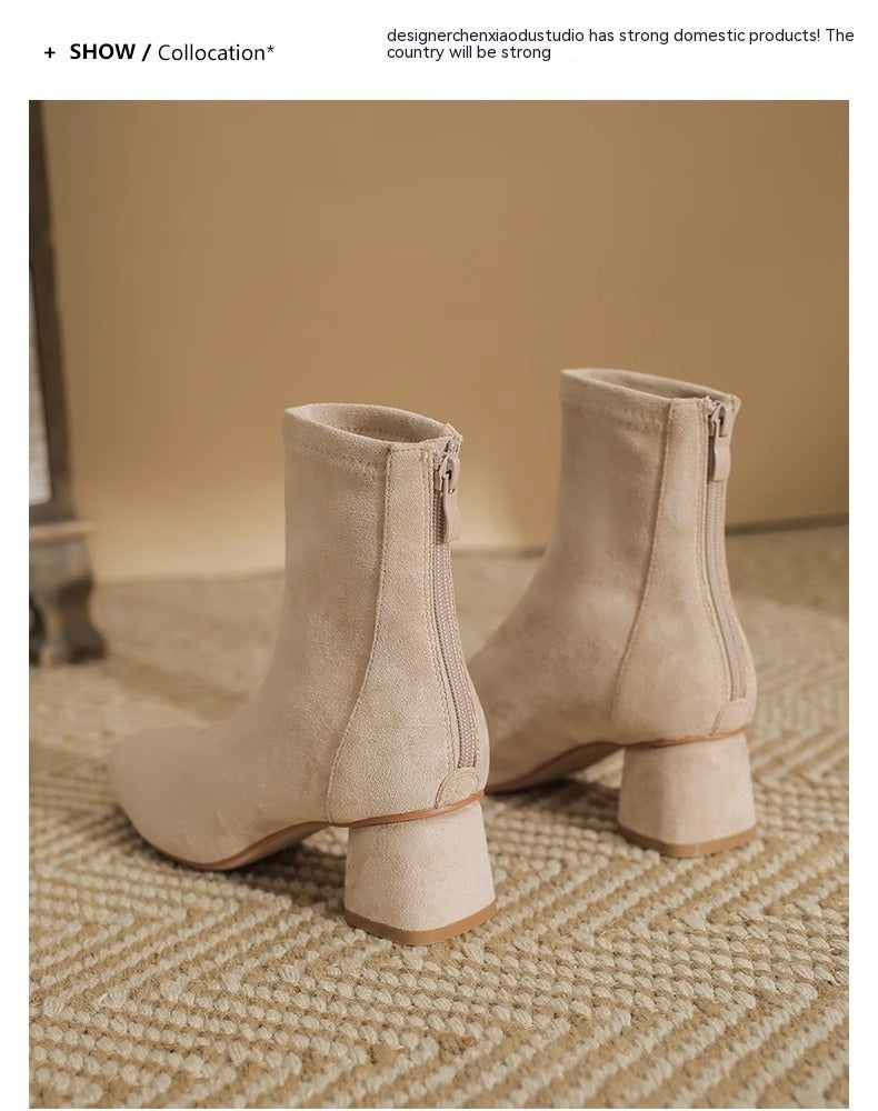 Ankle Boots Skinny Suede High Chunky Heel High Heel Ankle Boots