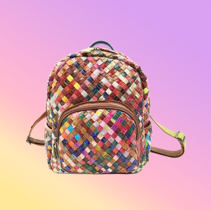 Women's Stitching Color Cowhide Hand-woven Backpack