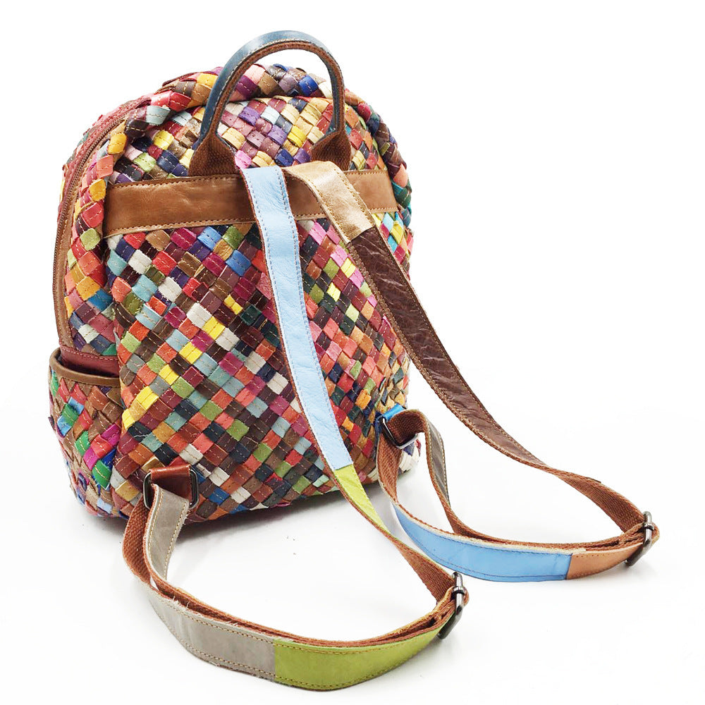 Women's Stitching Color Cowhide Hand-woven Backpack