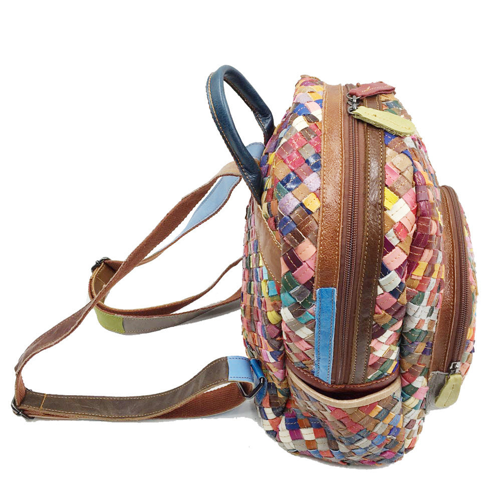 Women's Stitching Color Cowhide Hand-woven Backpack