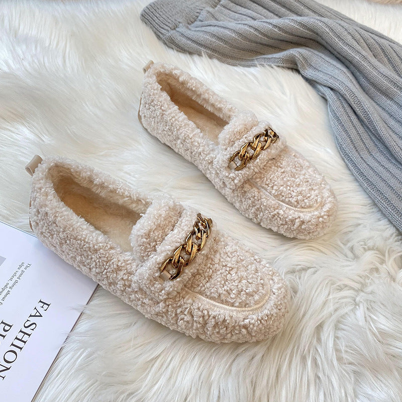 Fluffy Shoes Women's Winter Wear New Lamb Gommino Velvet Thermal Non-slip