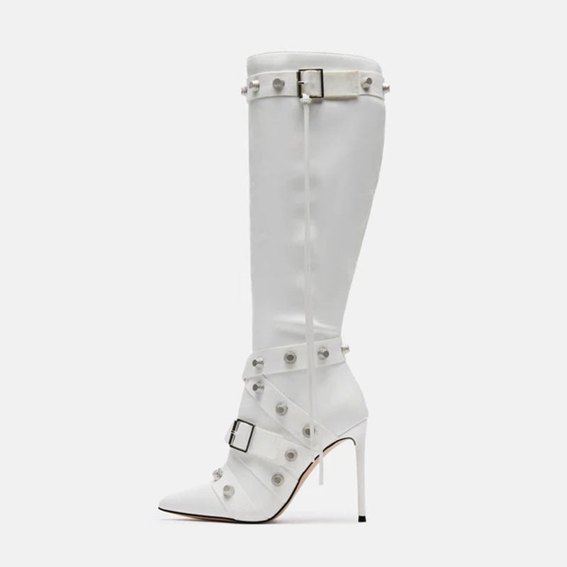 Metal Leathern Pointed Stiletto Heel High Leg Boot Rivet