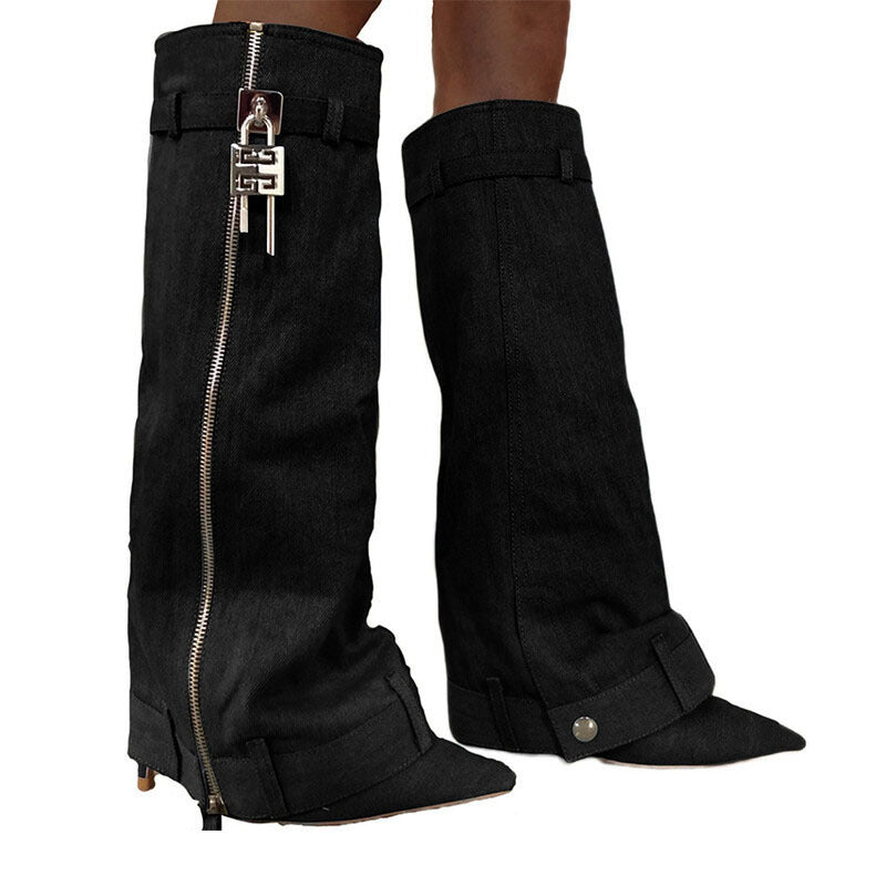 Pointed Female Fashion Metal Buckle Flanging Zipper Casual High Leg Boot